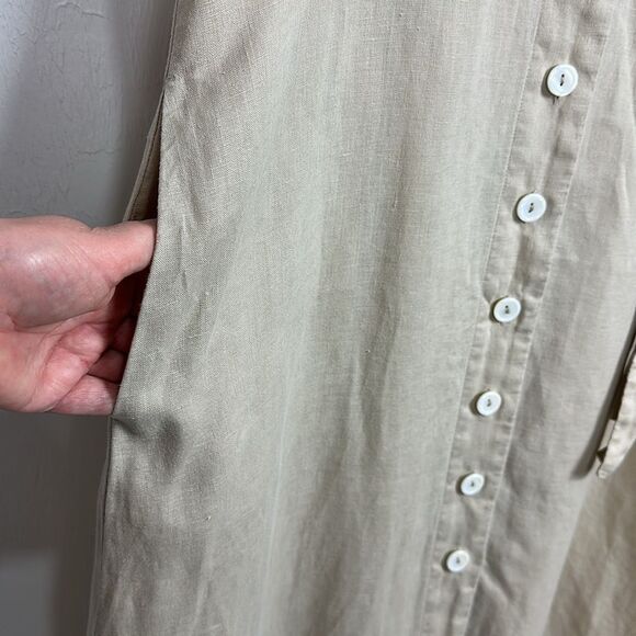 Quince European Linen Button Front Beige Short Sleeve Midi Shirt Dress Size L - Picture 4 of 10
